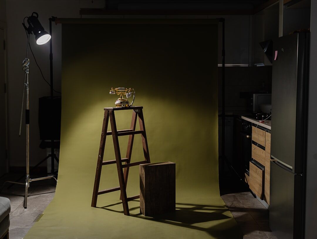 Vintage television production studio with retro camera and studio lights